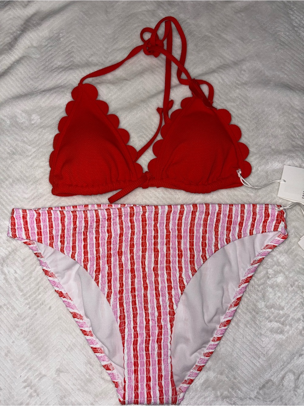 Red Scalloped Triangle Bikini Top with Pink & Red Striped Bottom - Women